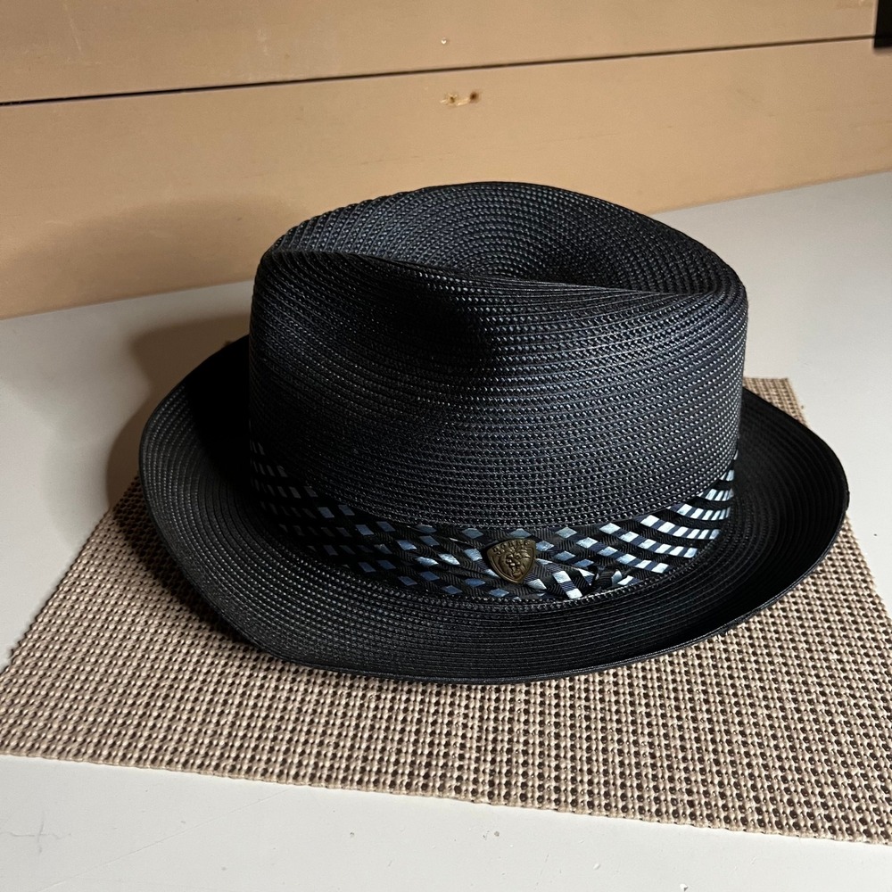 Dobbs Fifth Avenue Black Straw Fedora Hat Blue Patterned Band Size 7 5/8 61cm
